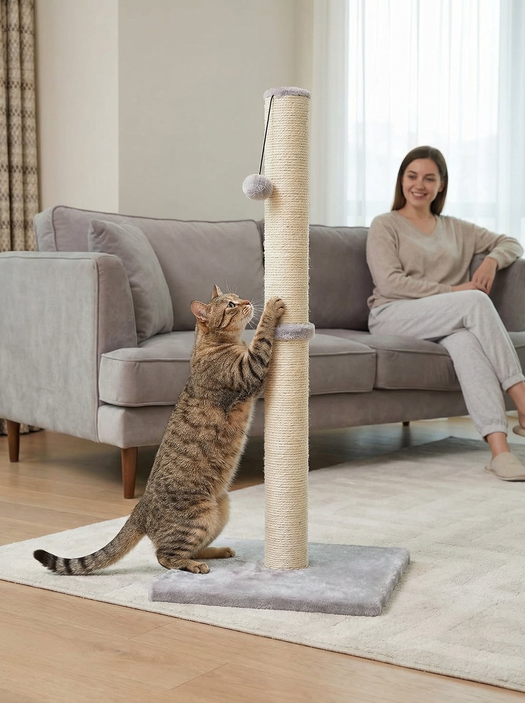 Cat Scratching Post with Sisal Rope & Soft Plush – Stable Vertical Scratcher
