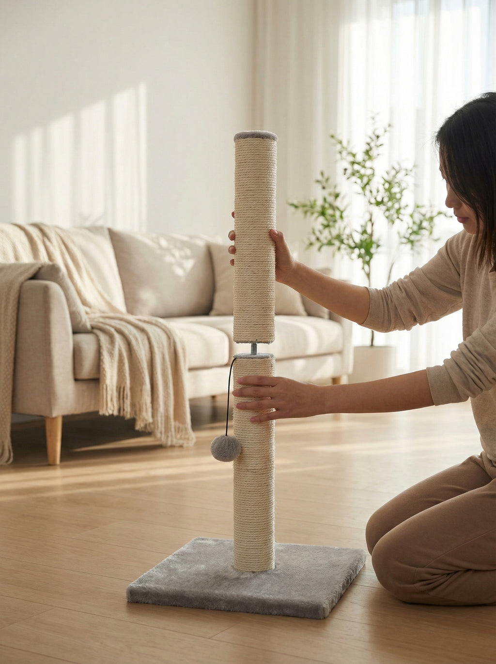 Cat Scratching Post with Sisal Rope & Soft Plush – Stable Vertical Scratcher