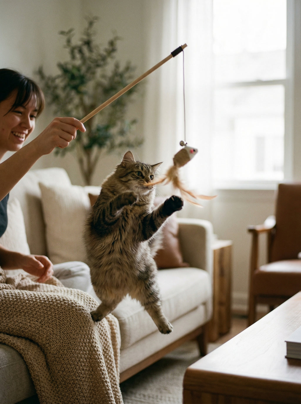 Colorful Feather Cat Wand Toy – Interactive Wooden Teaser for Cats