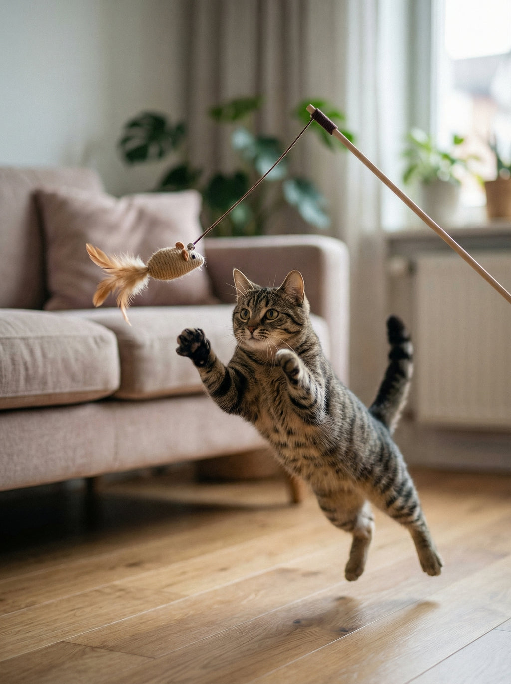 Colorful Feather Cat Wand Toy – Interactive Wooden Teaser for Cats