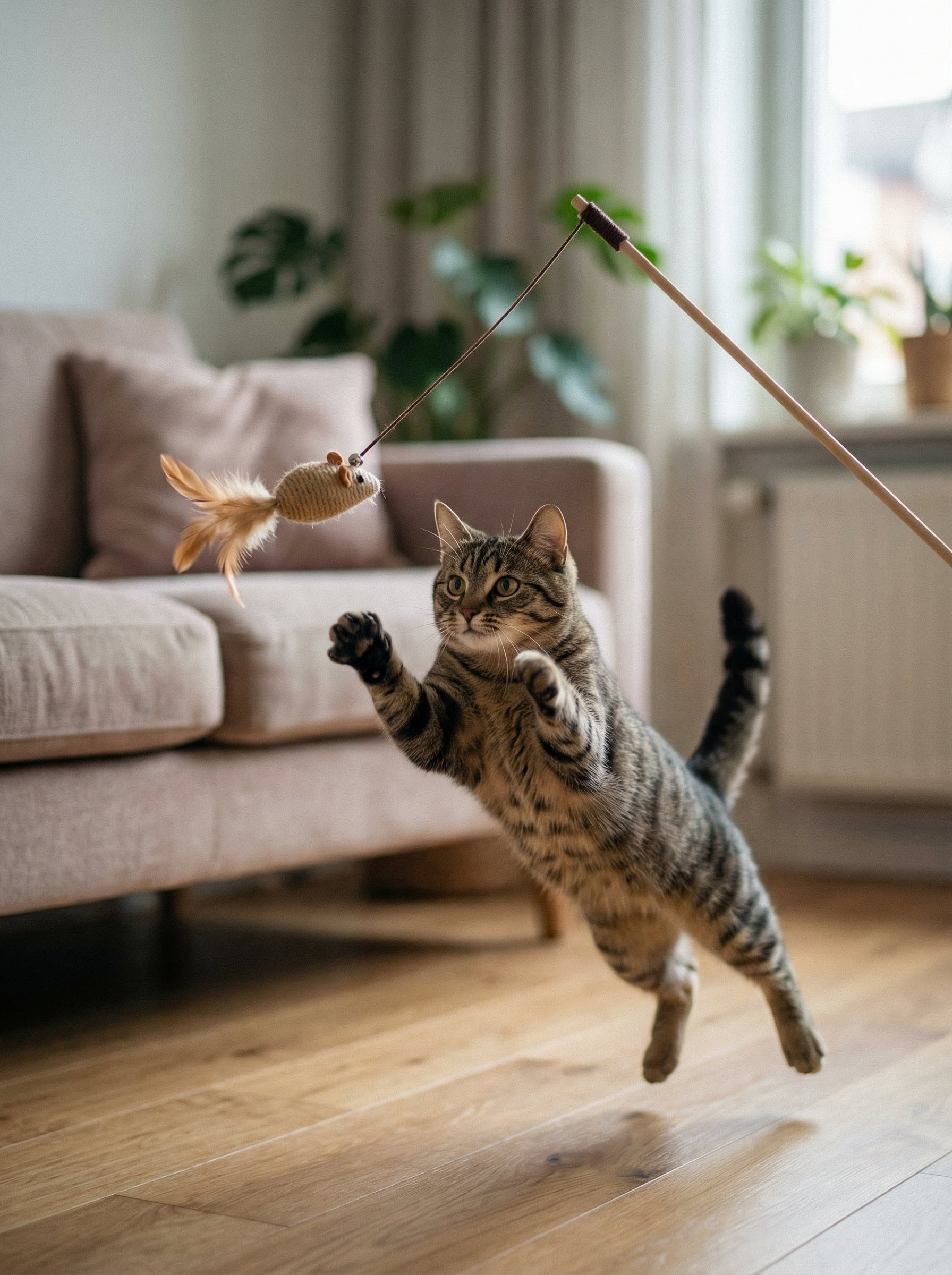Colorful Feather Cat Wand Toy – Interactive Wooden Teaser for Cats