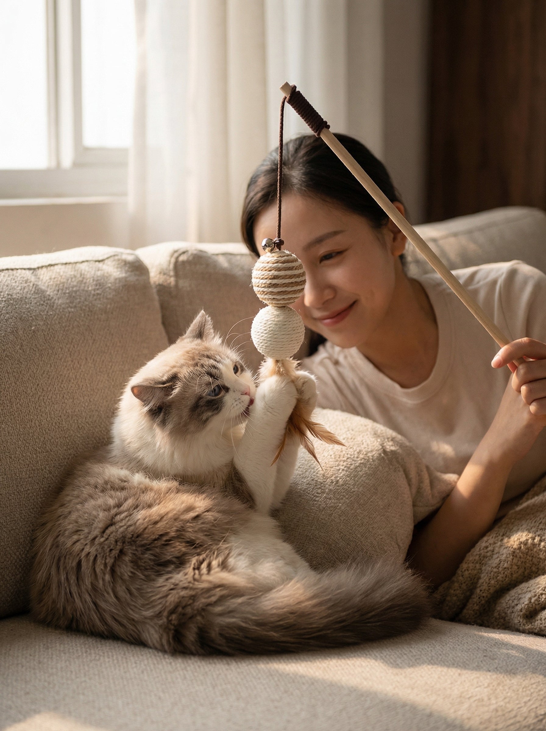 Colorful Feather Cat Wand Toy – Interactive Wooden Teaser for Cats