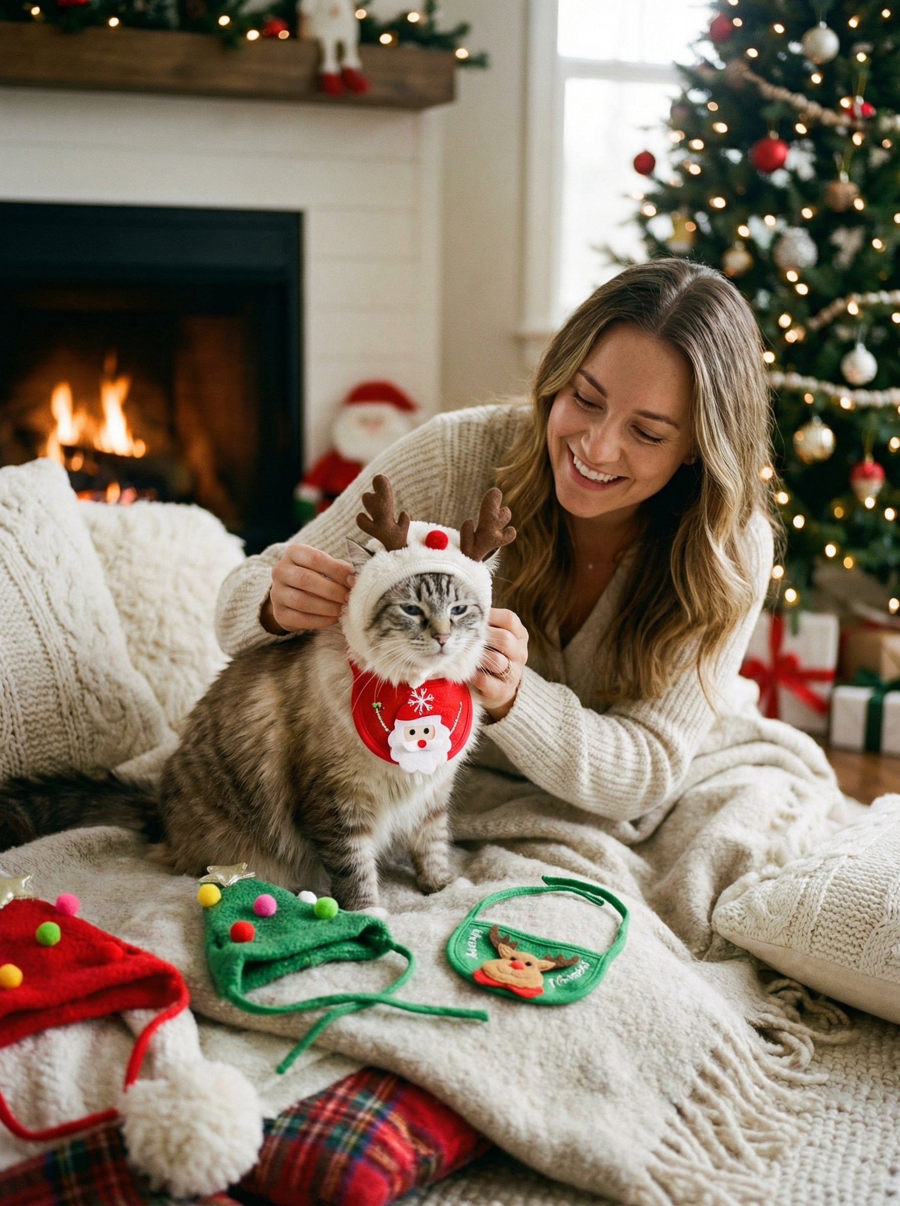 Christmas Pet Costume Set – Santa Hat, Bandana & Scarf for Cats & Dogs