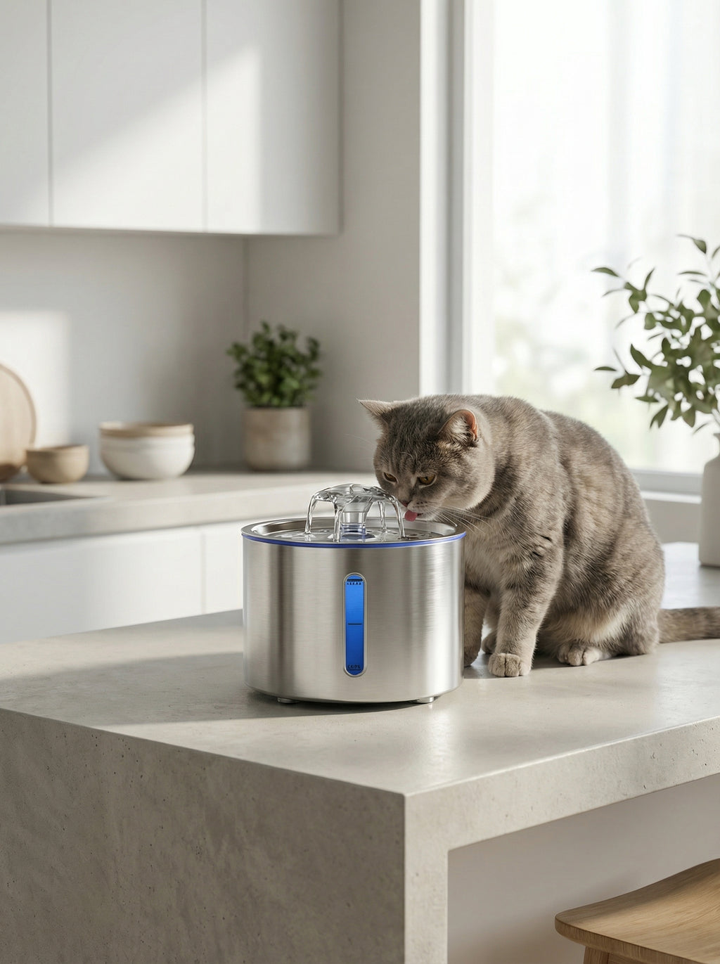 Stainless Steel Cat Water Fountain – 2.5L, LED Light & Auto Power-Off