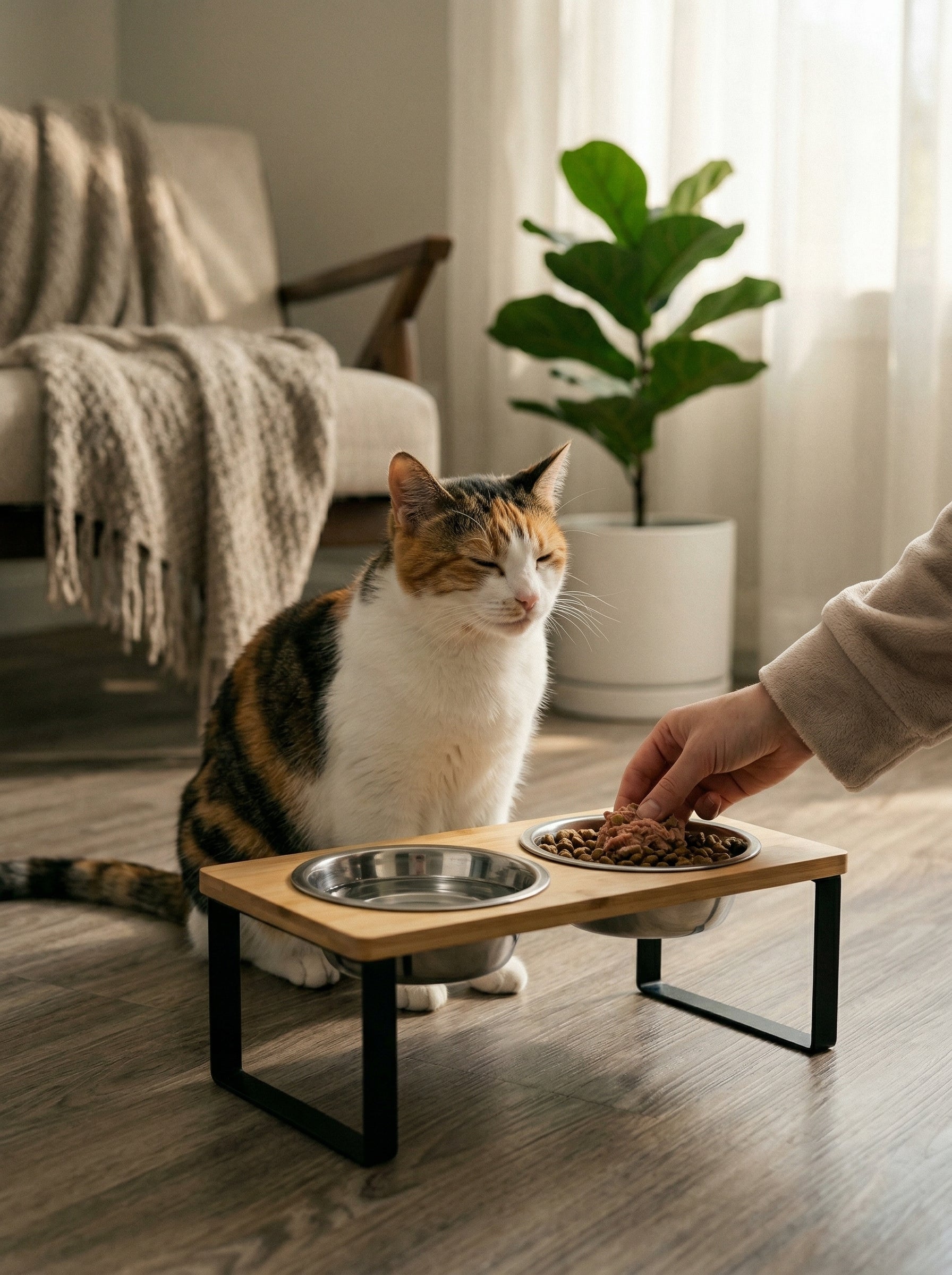 Double Bowl Feeder with Raised Stand – Comfortable & Healthy Eating for Cats